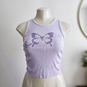 NWT Aerie Rouchy Rib Tank Top Violet Flurry Butterflies Print Cropped Size Small